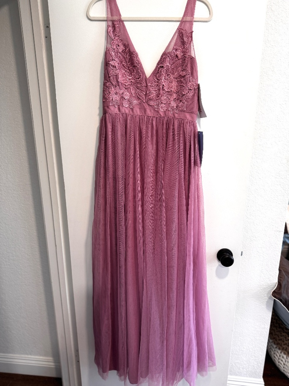 PromGirl Mauve Lace & Tulle V-Neck Evening Gown